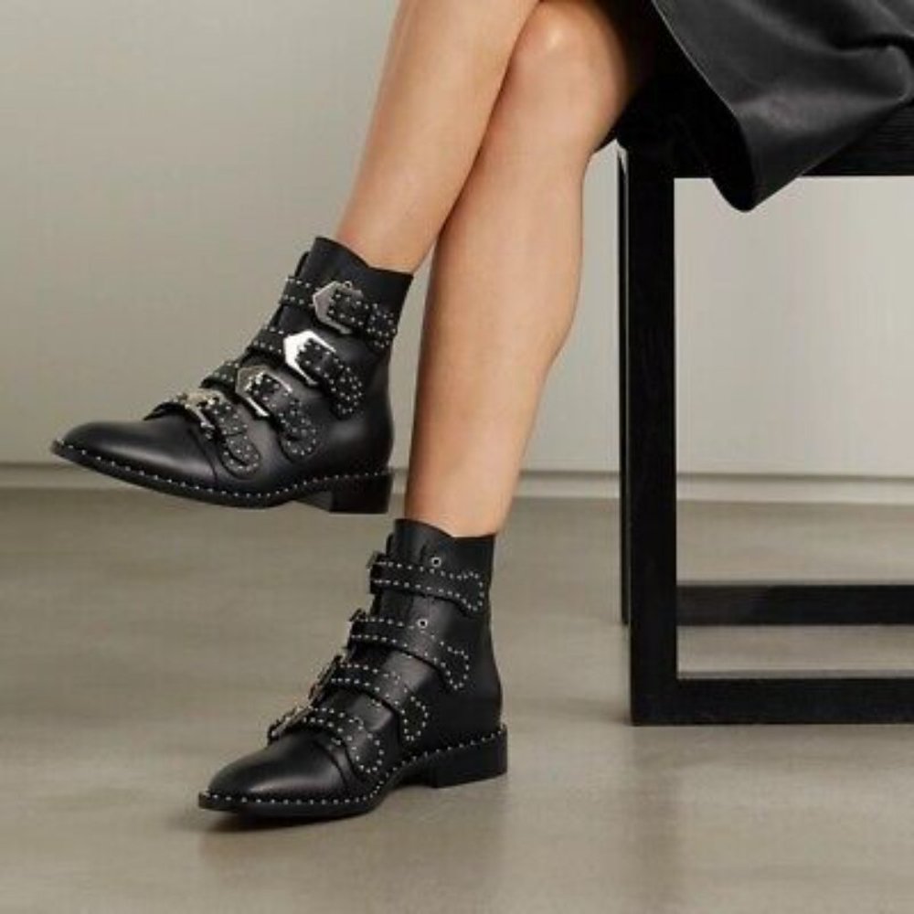 Sold - Givenchy Elegant Black Leather Studded Buckle Boots MSRP $1395 Size 6.5